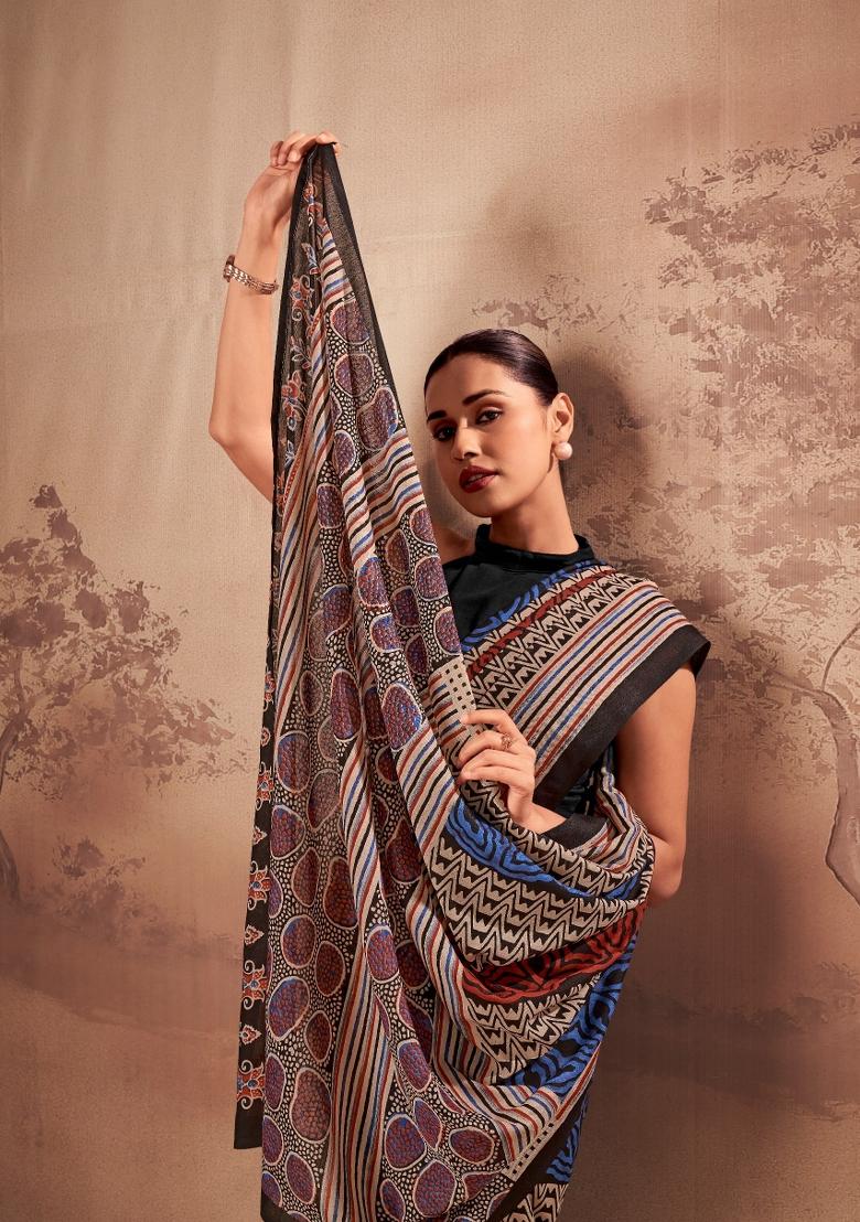 Navy Blue Printed Cotton Saree Set - Indya