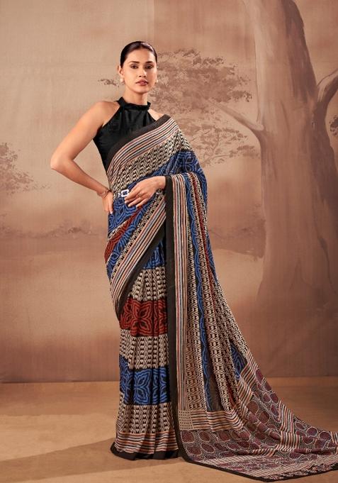 Navy Blue Printed Cotton Saree Set