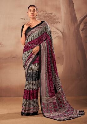 Black Printed Cotton Saree Set