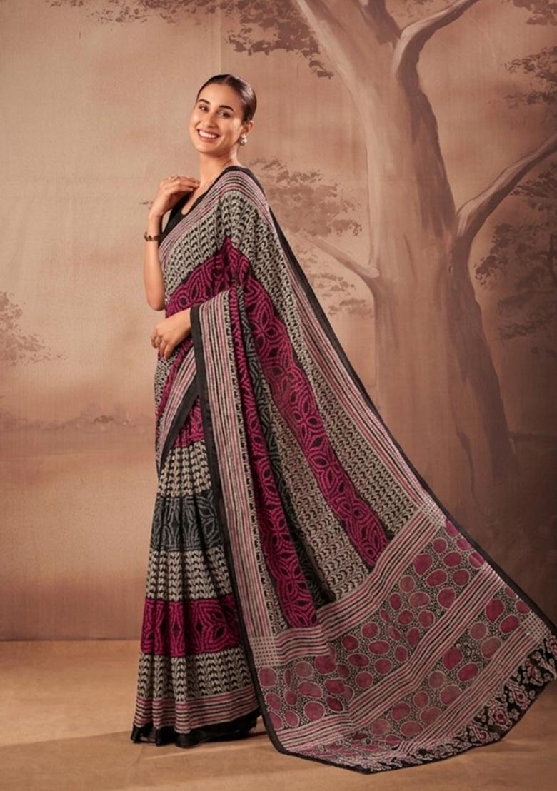 Black Printed Cotton Saree Set - Indya