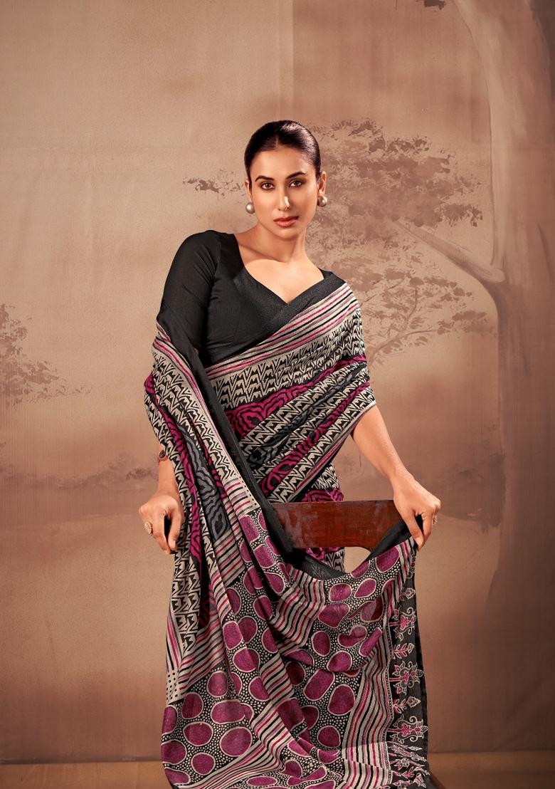 Black Printed Cotton Saree Set - Indya