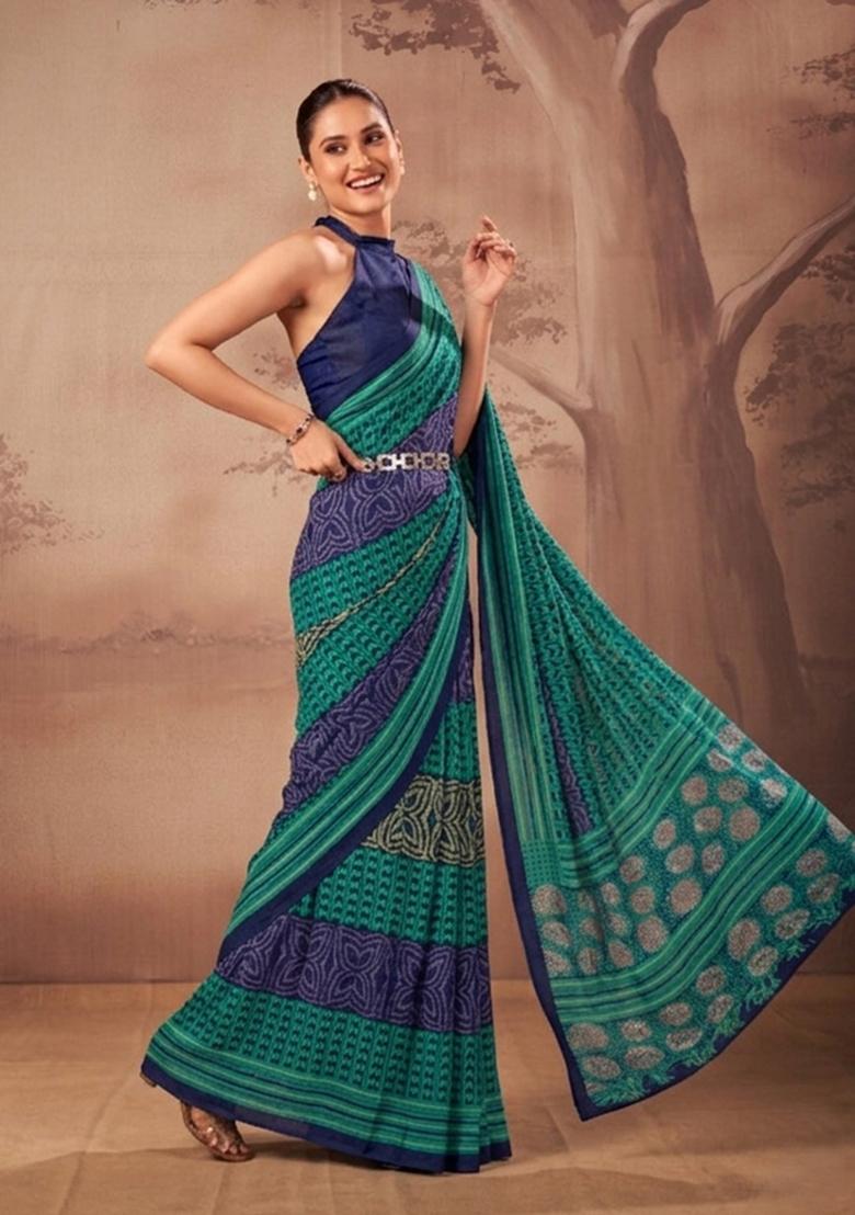 Firozi Printed Cotton Saree Set - Indya