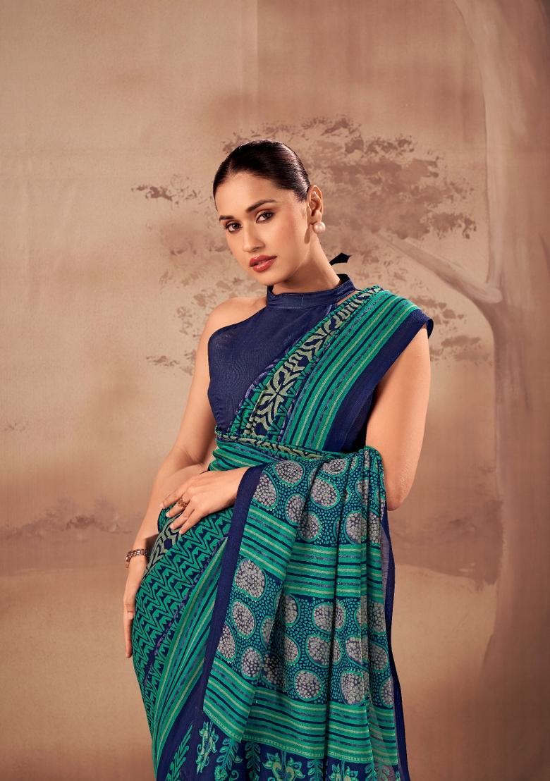 Firozi Printed Cotton Saree Set - Indya