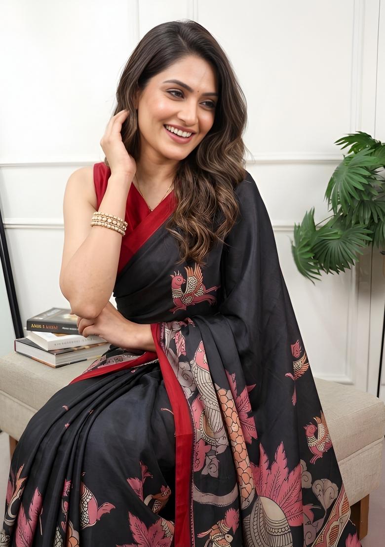 Red Printed Silk Saree Set - Indya