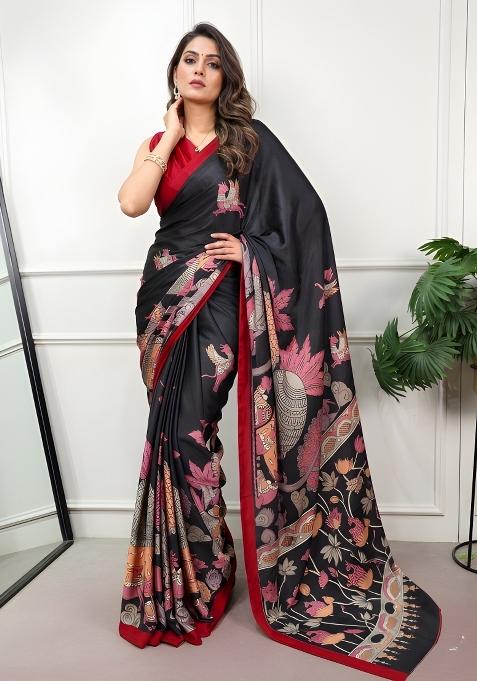 Red Printed Silk Saree Set