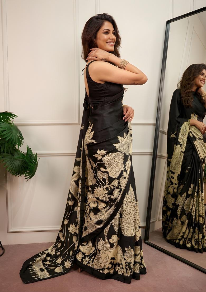 Black Printed Silk Saree Set - Indya