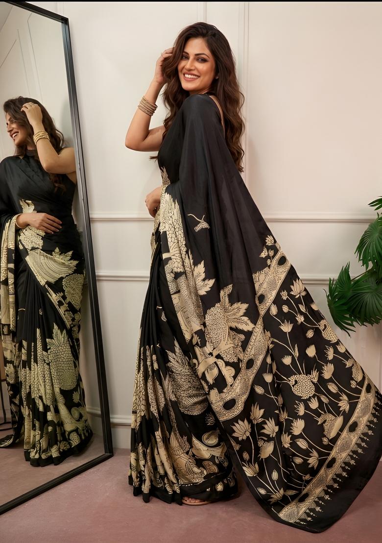 Black Printed Silk Saree Set - Indya