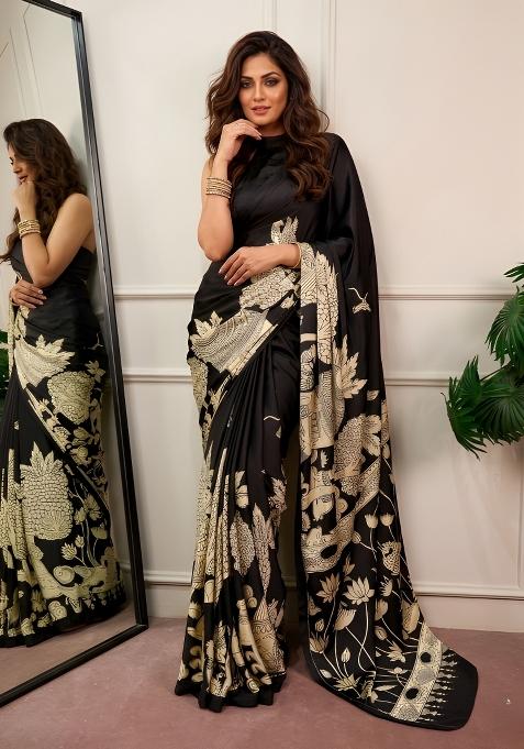 Black Printed Silk Saree Set