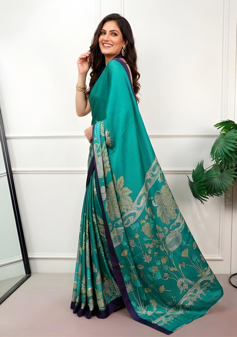 Firozi Printed Silk Saree Set - Indya