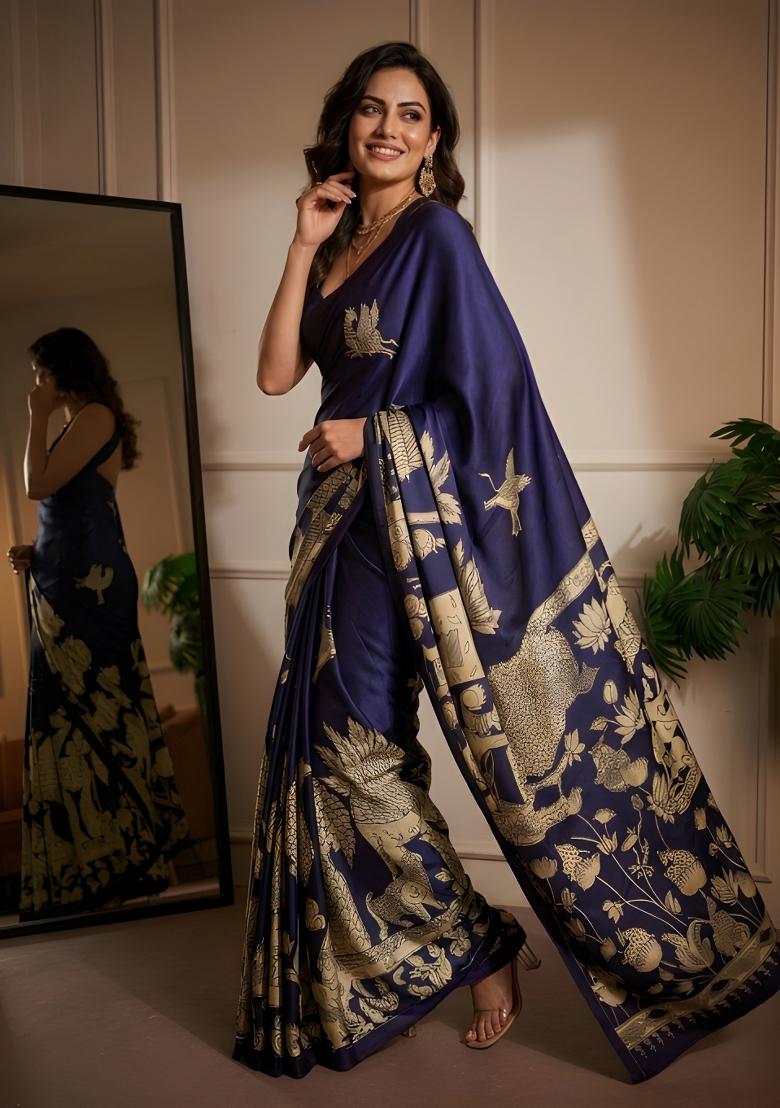 Navy Blue Printed Silk Saree Set - Indya