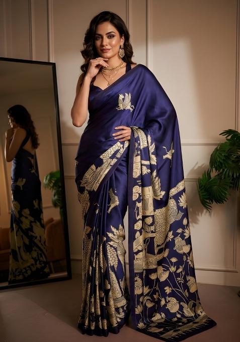 Navy Blue Printed Silk Saree Set