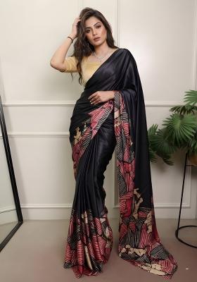 Black Printed Silk Saree Set