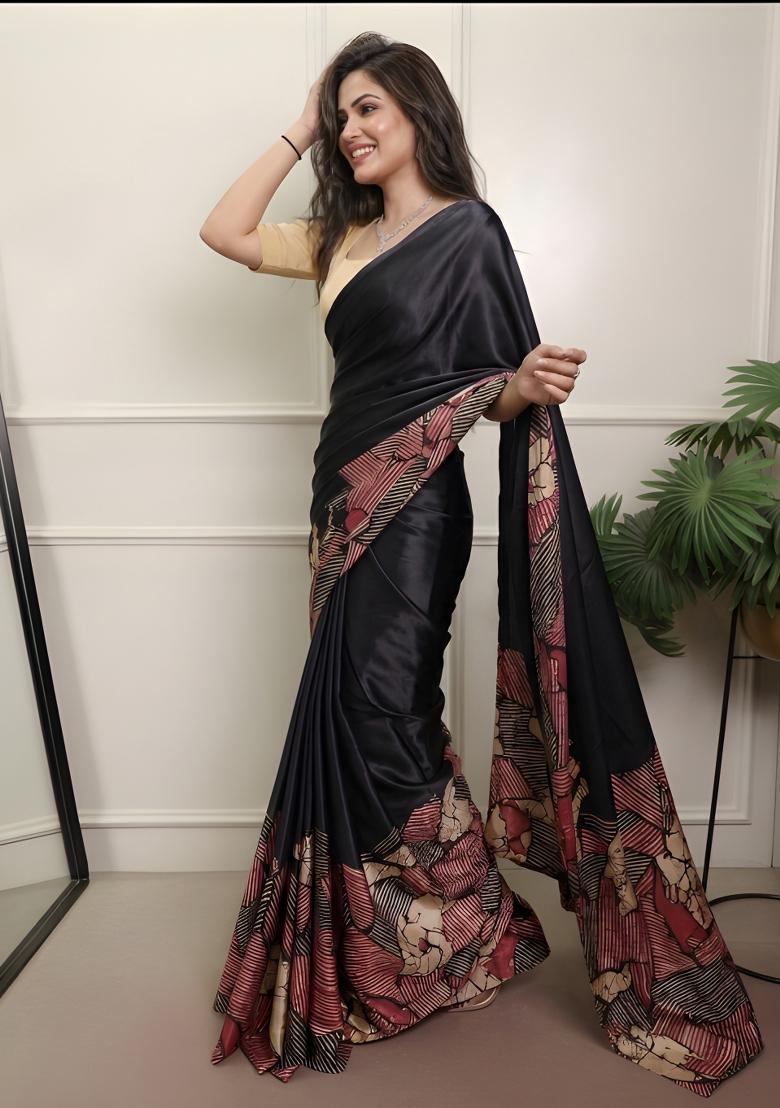 Black Printed Silk Saree Set - Indya