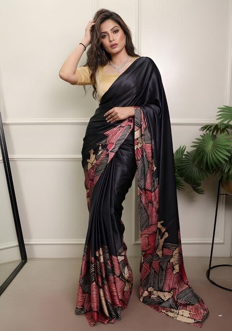 Black Printed Silk Saree Set