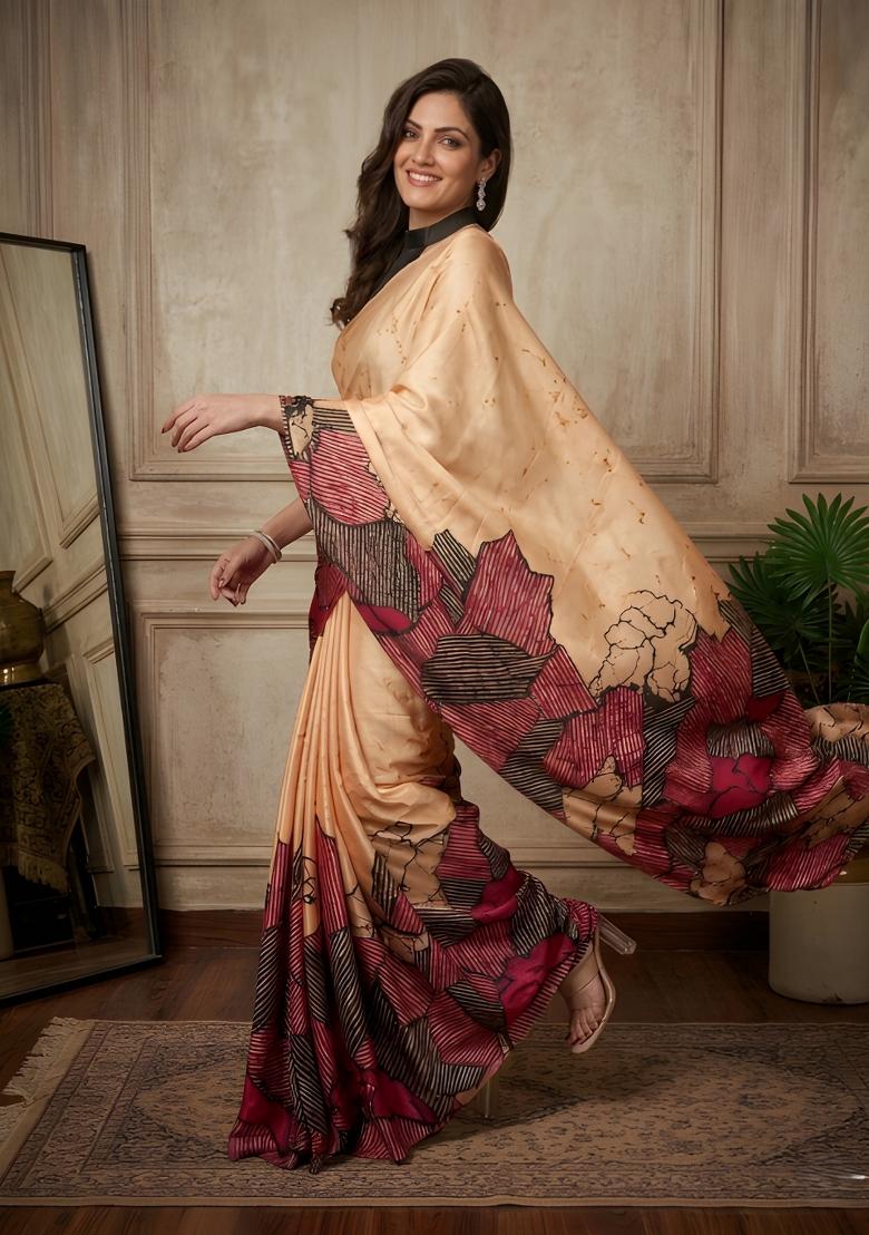 Cream Printed Silk Saree Set - Indya