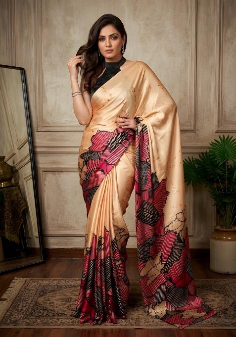 Cream Printed Silk Saree Set