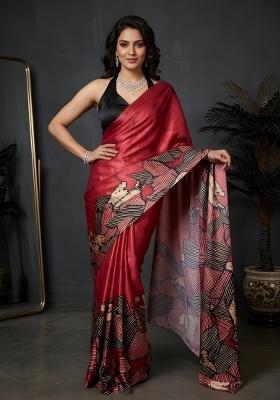 Red Printed Silk Saree Set