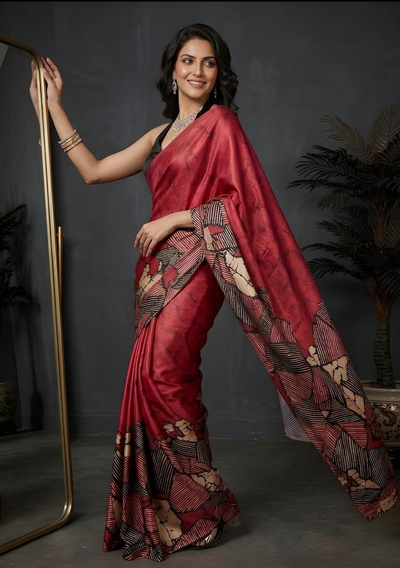 Red Printed Silk Saree Set - Indya