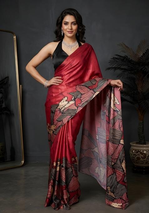 Red Printed Silk Saree Set