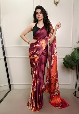 Maroon Printed Silk Saree Set