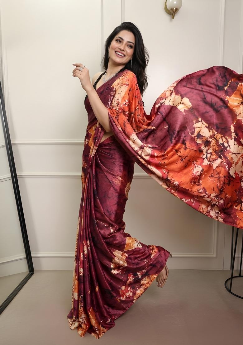 Maroon Printed Silk Saree Set - Indya