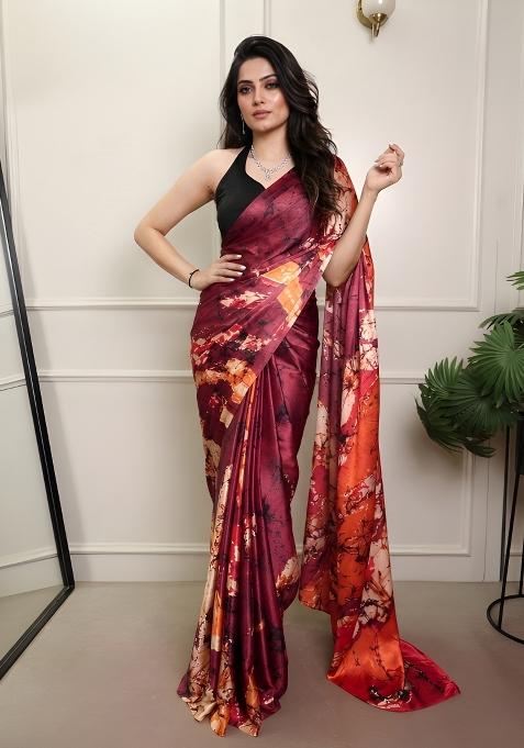 Maroon Printed Silk Saree Set