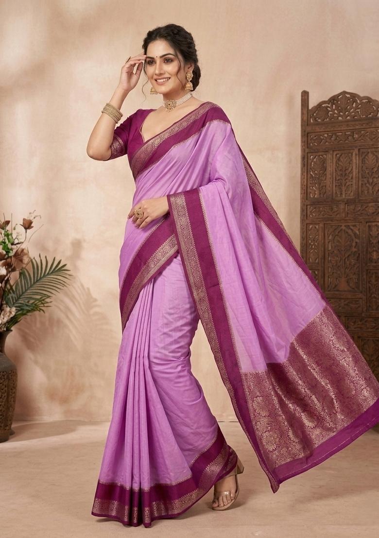 Lavender Zari Work Crepe Saree Set - Indya