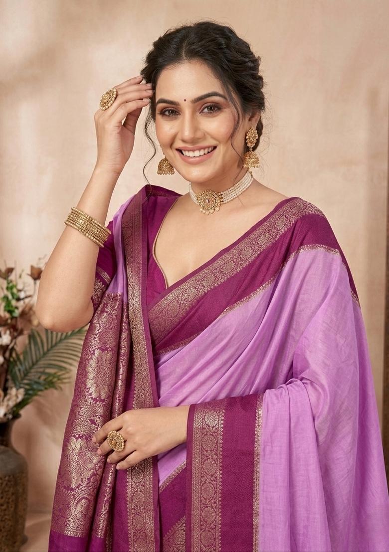 Lavender Zari Work Crepe Saree Set - Indya