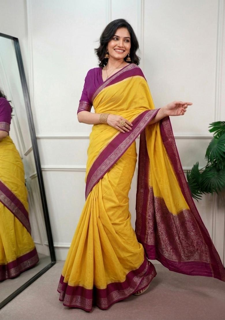 Yellow Zari Work Crepe Saree Set - Indya