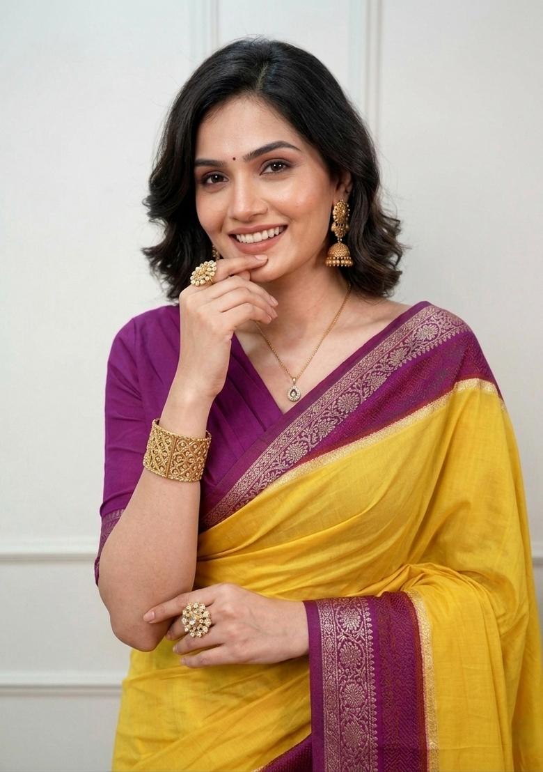 Yellow Zari Work Crepe Saree Set - Indya