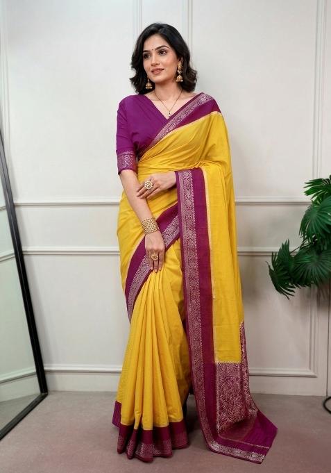Yellow Zari Work Crepe Saree Set