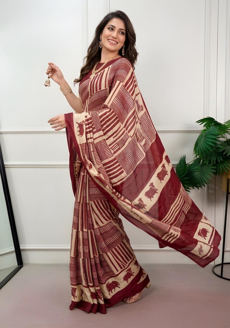 Maroon Printed Chiffon Saree Set - Indya