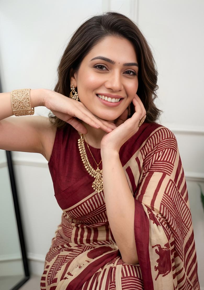 Maroon Printed Chiffon Saree Set - Indya