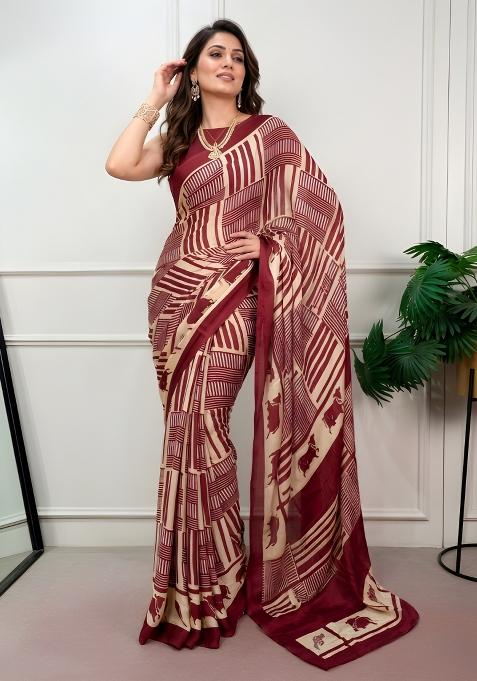 Maroon Printed Chiffon Saree Set