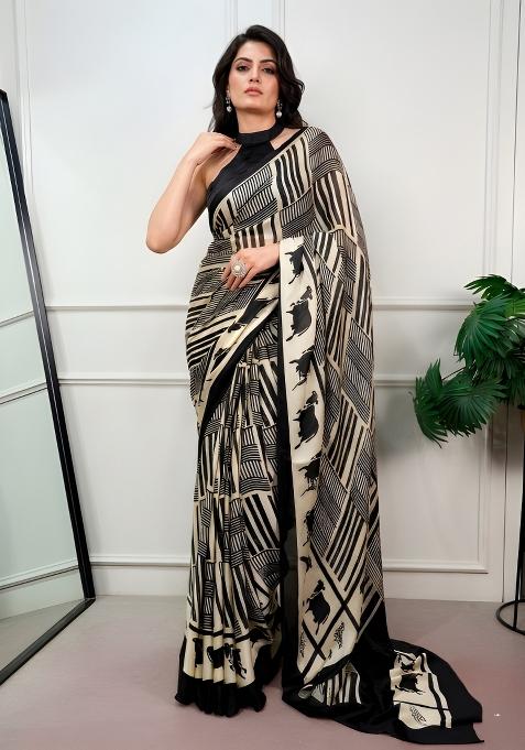 Black Printed Chiffon Saree Set