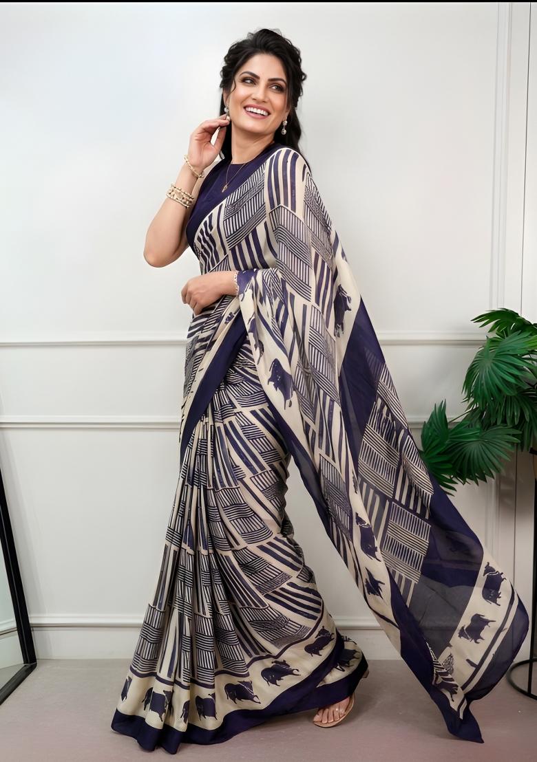 Navy Blue Printed Chiffon Saree Set - Indya