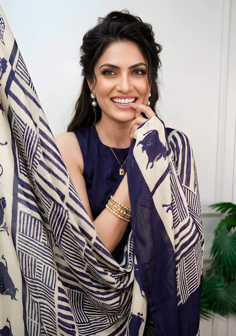 Navy Blue Printed Chiffon Saree Set - Indya