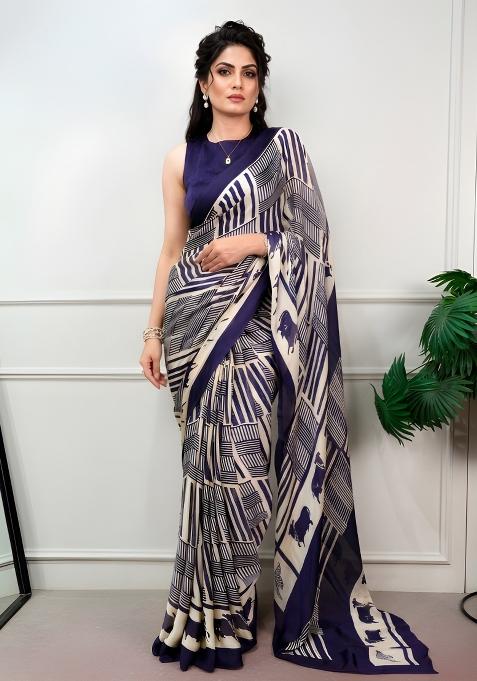 Navy Blue Printed Chiffon Saree Set