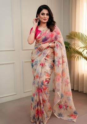 Cream Printed Kota Doria Saree Set