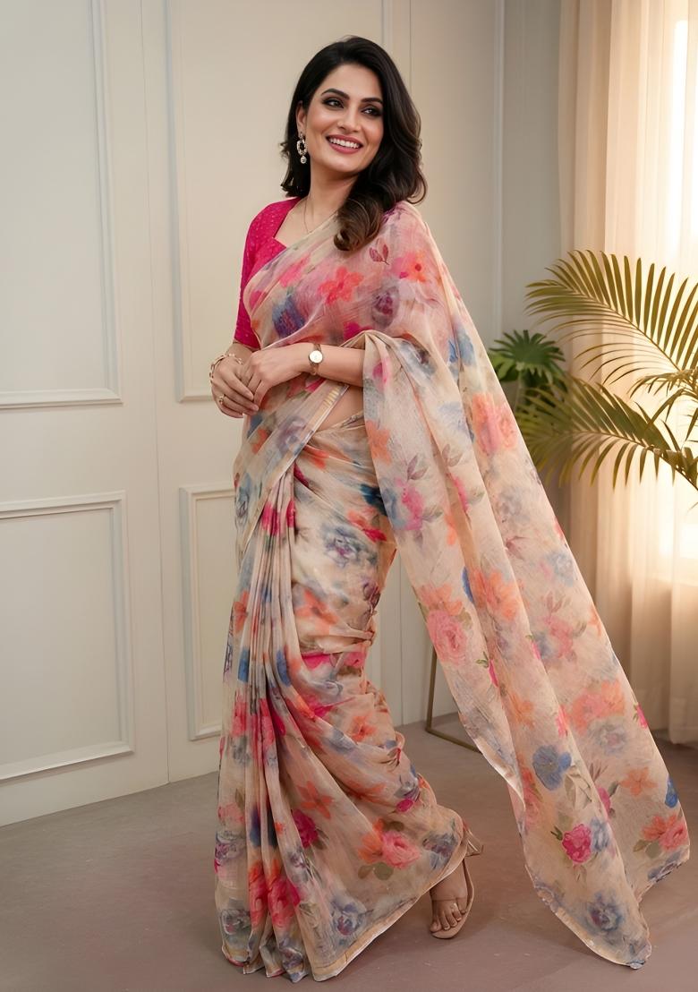 Cream Printed Kota Doria Saree Set - Indya