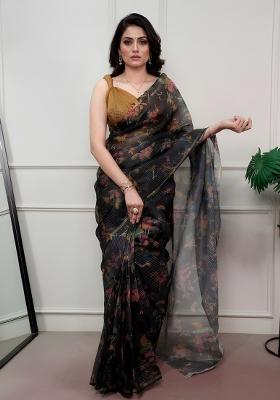 Black Printed Kota Doria Saree Set