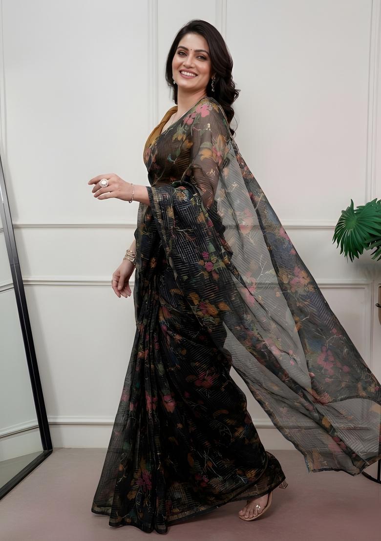 Black Printed Kota Doria Saree Set - Indya