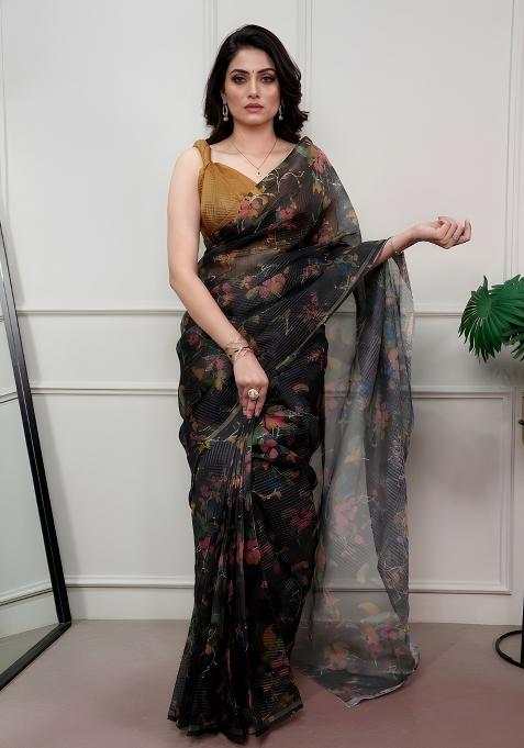 Black Printed Kota Doria Saree Set