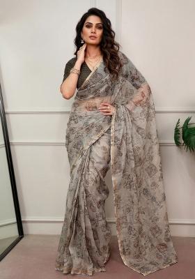 Grey Printed Kota Doria Saree Set