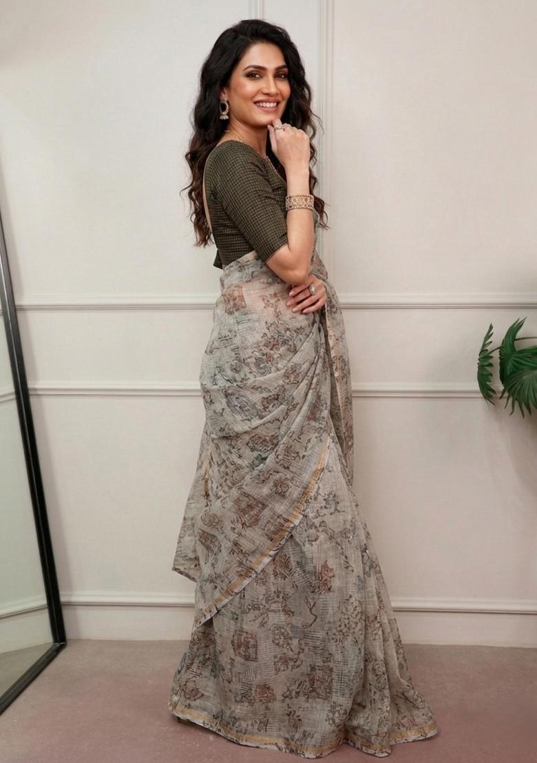 Grey Printed Kota Doria Saree Set - Indya