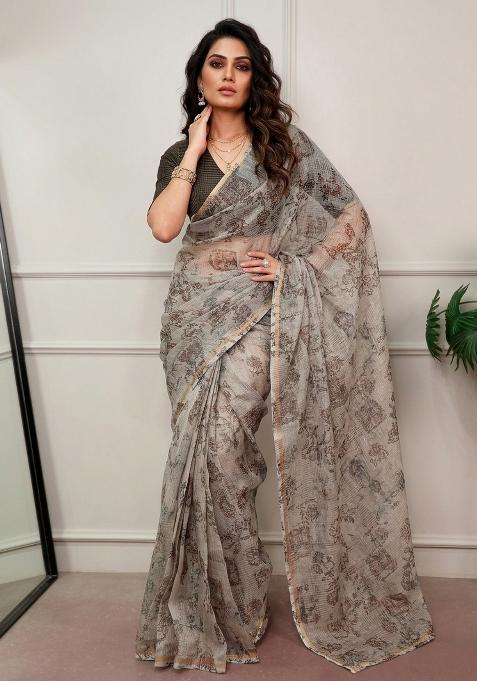 Grey Printed Kota Doria Saree Set