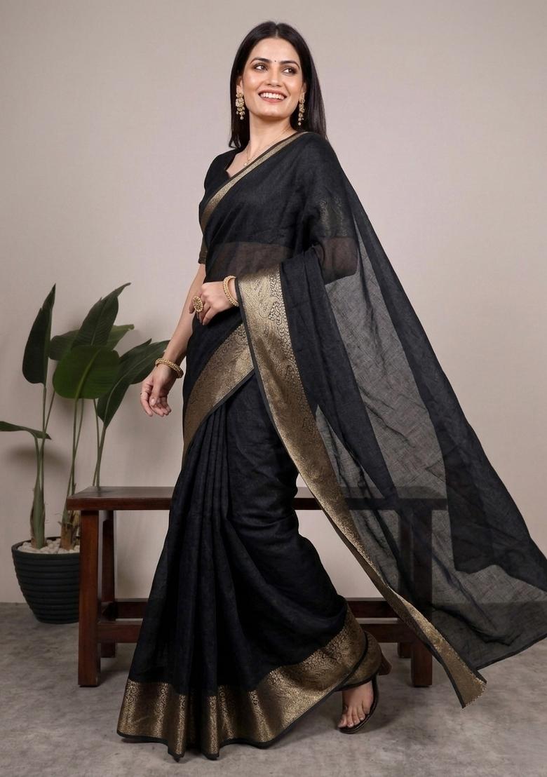 Black Zari Work Mass Mello Saree Set - Indya