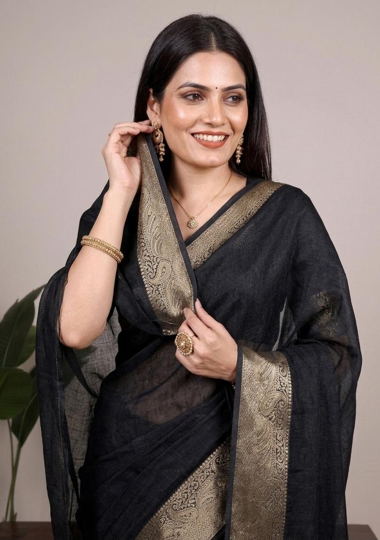 Black Zari Work Mass Mello Saree Set - Indya