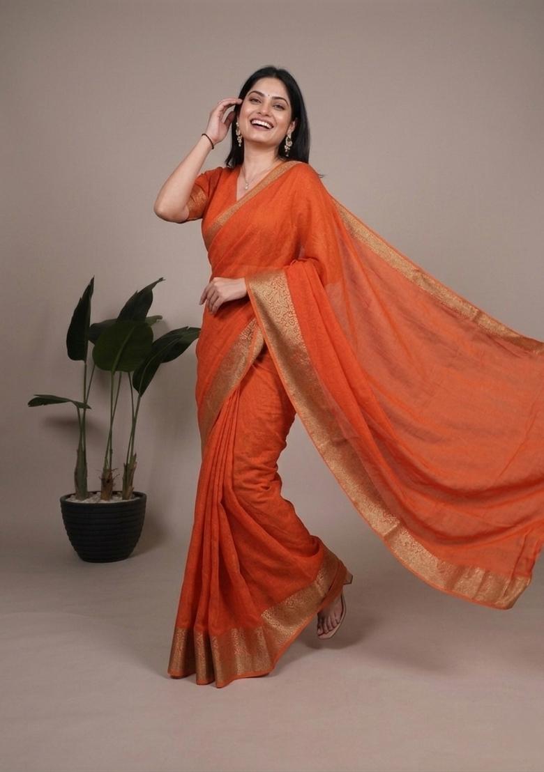 Orange Zari Work Mass Mello Saree Set - Indya