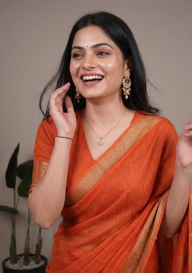Orange Zari Work Mass Mello Saree Set - Indya